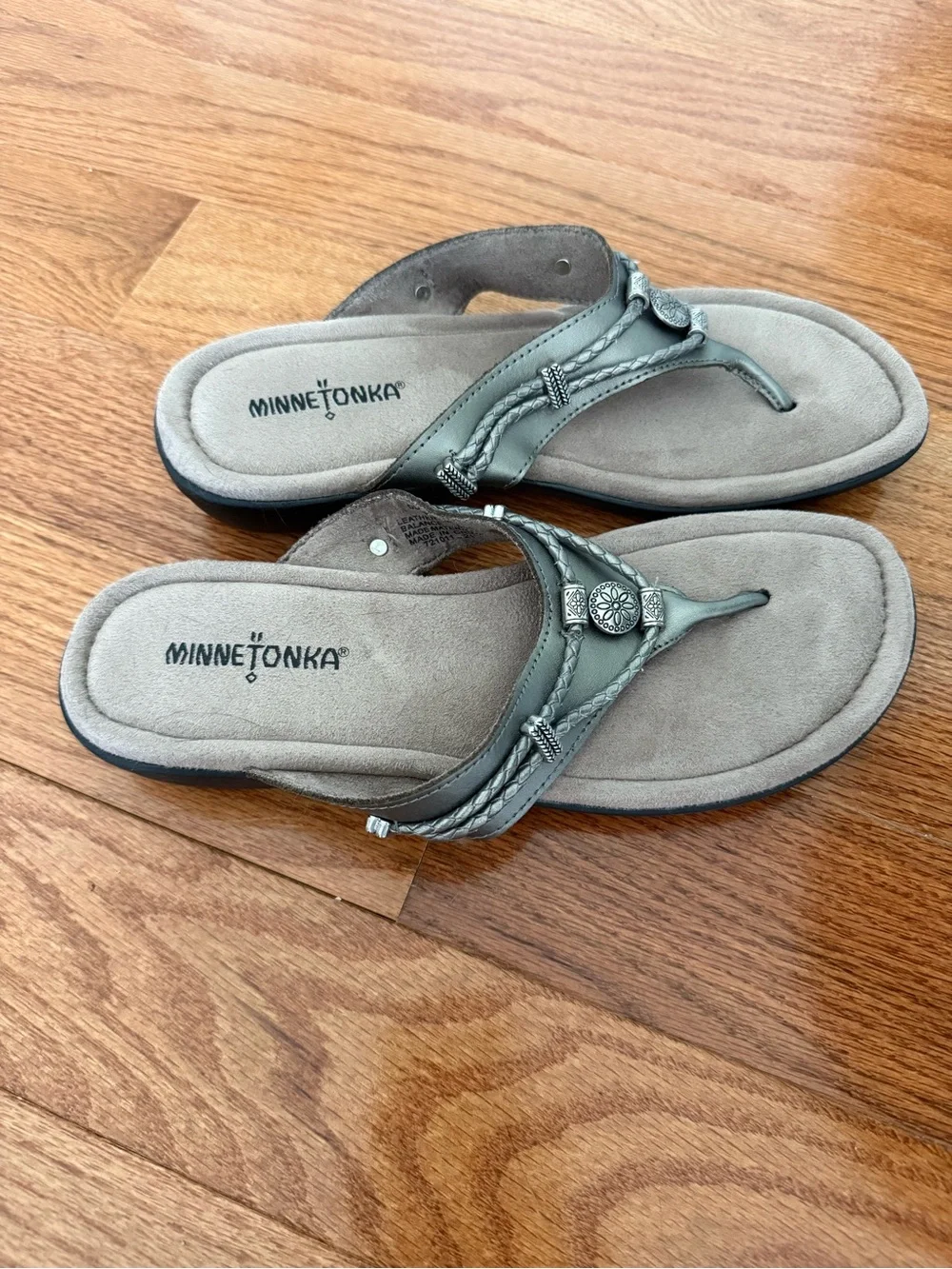 Minnetonka Silver Braided Thong Sandals with Concho Accents